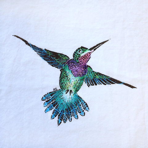 Hummingbird block print on fabric by April Sproule for mixed media, textile arts.