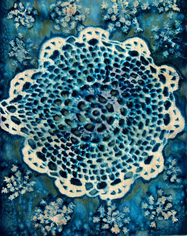 Hand made lace and Queen Anne's Lace cyanotype print on linen by April Sproule.