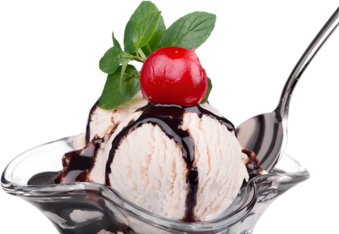 An Ice cream sundae: Scoop of vanilla ice cream, drizzled with chocolate sauce and a cherry on top 