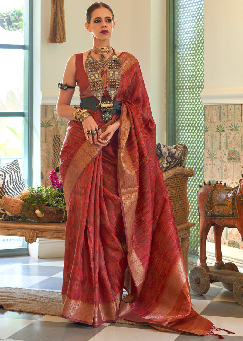 Crown Maroon Handloom Organza Silk Saree by bollywood actress Kalki Koechlin