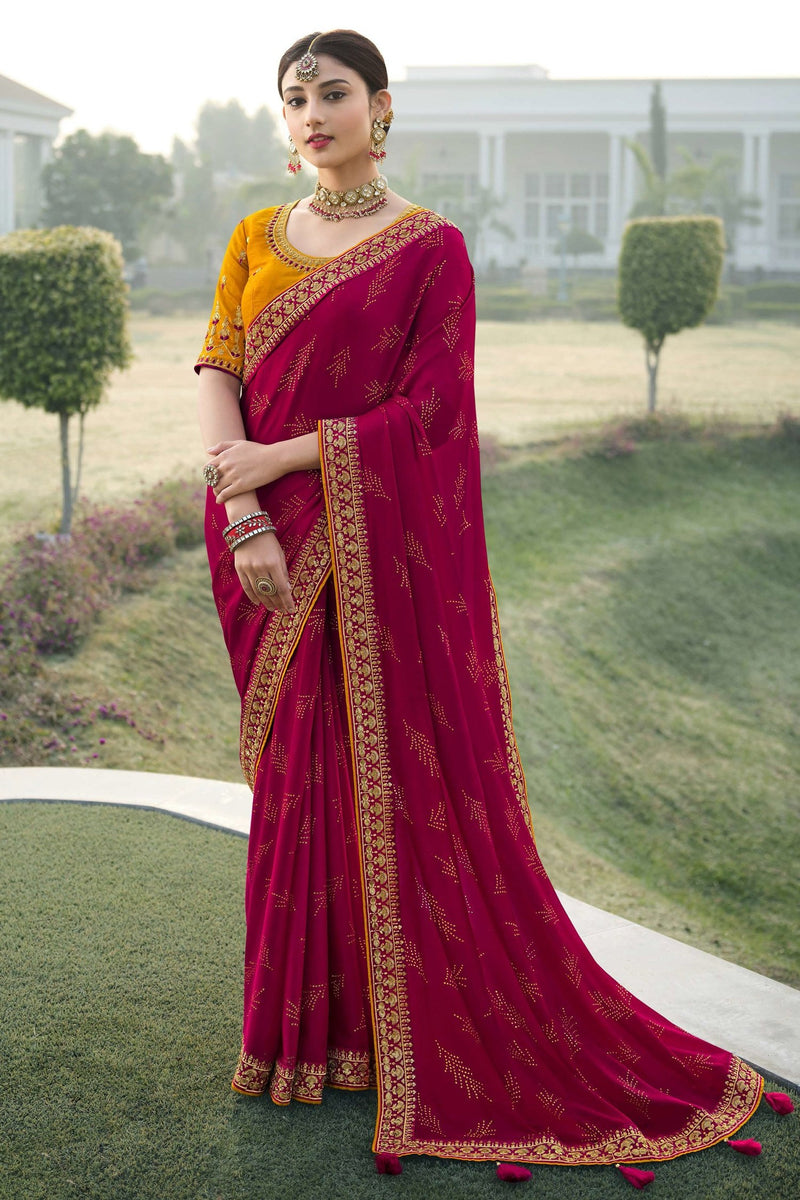 Cherry Maroon and Yellow Chiffon Stone Work Saree – MySilkLove