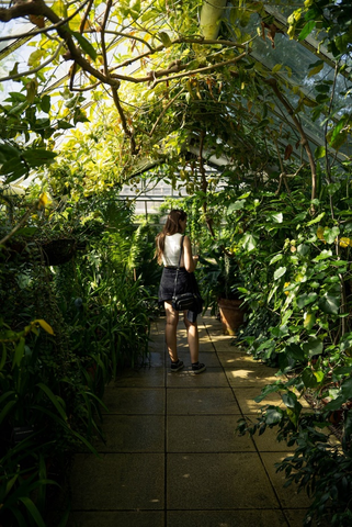 A girl checking her greenhouse plants