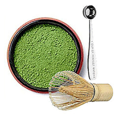 Matcha tea starter pack with measuring spoon and mixer