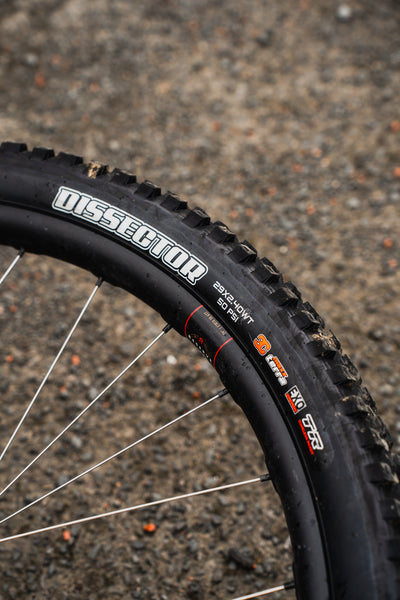 A Maxxis Dissector EXO tyre was fitted to the rear of Mark's Tallboy to balance rolling speed with braking traction.