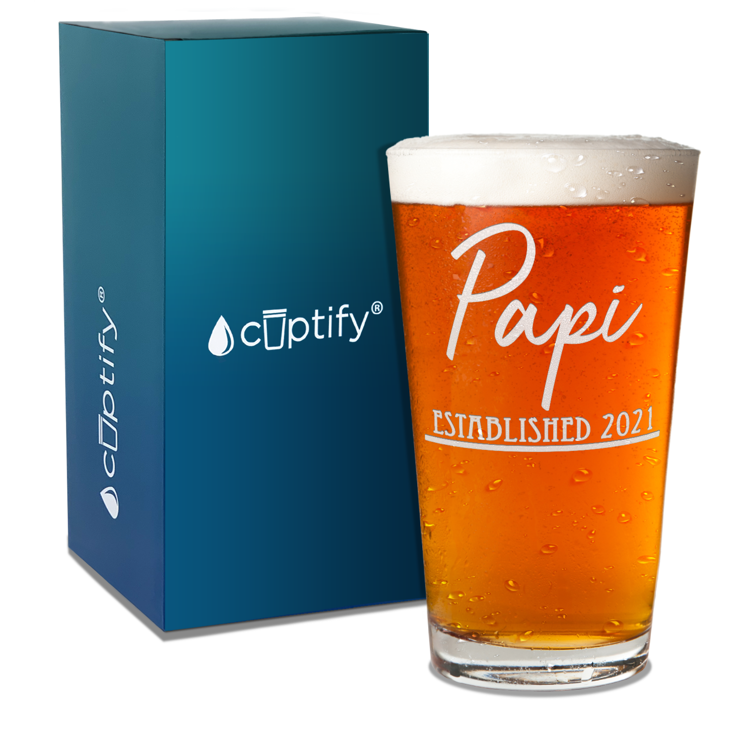 Papi Established 2021 Etched 16 oz Beer Pint Glass