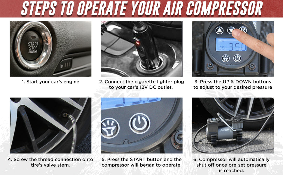 Energizer Air compressor steps to operate