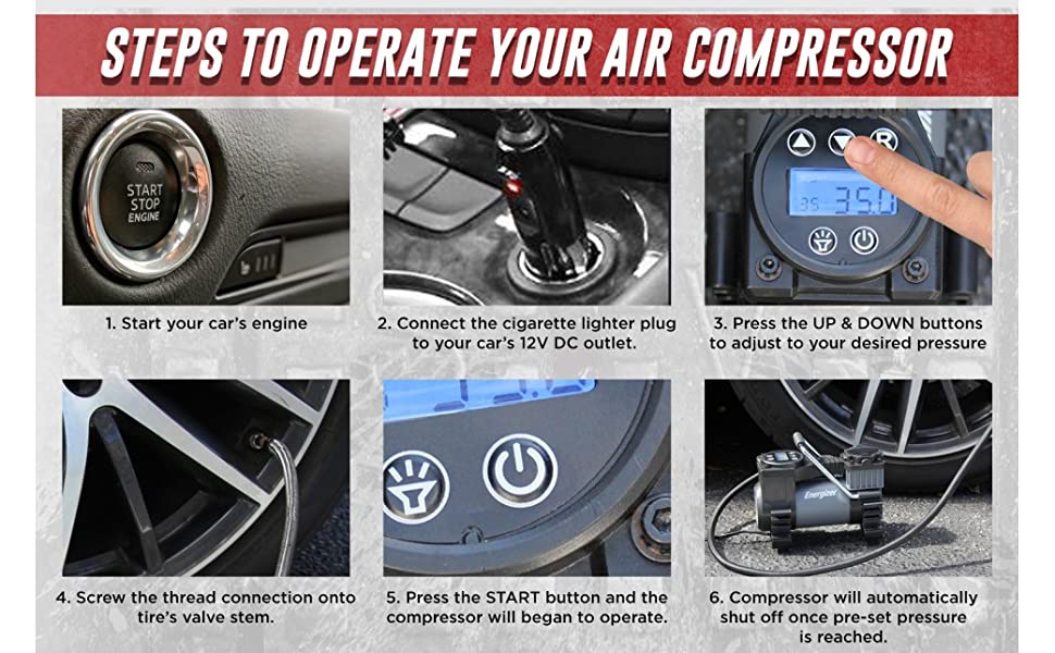 EDC12035 Energizer portable air compressor steps to operate 