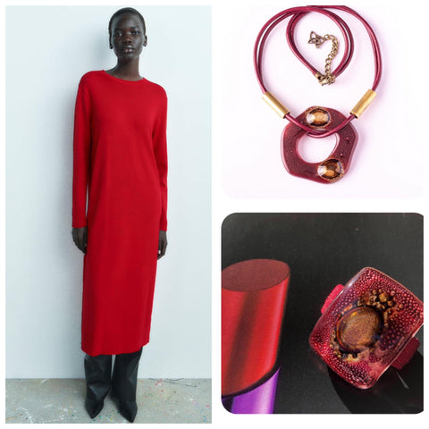 Bright red casual long dress from Zara and dark red 2 pieces jewelry set that will match this fashion dress.