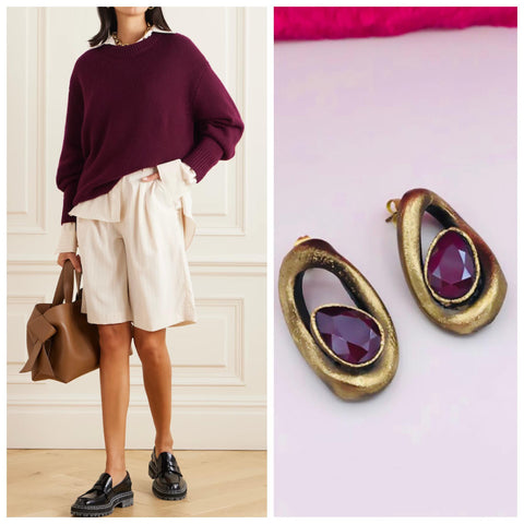 Fashion fall outfit with dark red sweater and white shirts and costume earrings with color matching crystal.