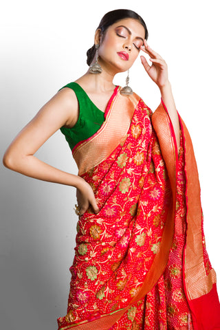 Red banarasi bandhani saree with meenakari