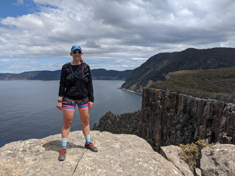 FOHER Co Ambassador Philadelphia Holmes running the Three Capes Track in Tasmania in her Super Run Hipsters
