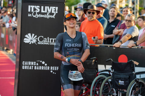 FOHER Co Professional Female Triathlete Penny Slater at the IRONMAN Cairns finish