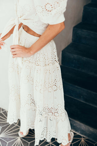 Sukiso Eden White Eyelet Tiered Maxi Skirt