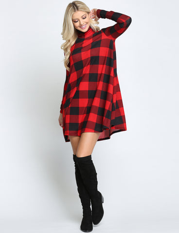 Buffalo Plaid Turtleneck Mini Swing Dress