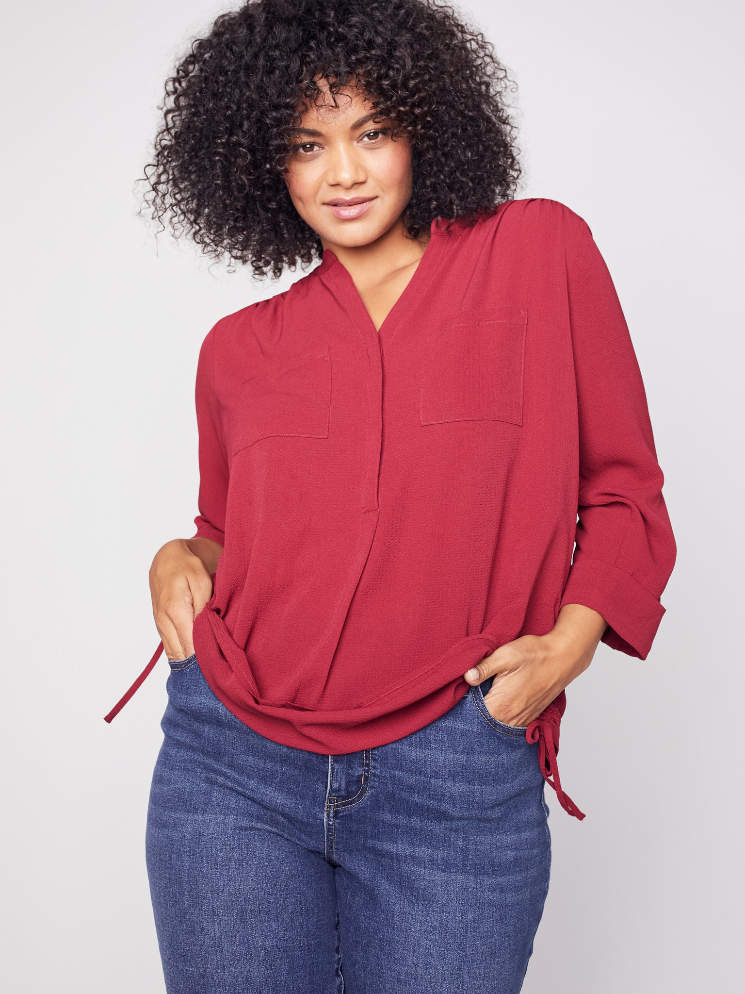 Roz & Ali Three Quarter Sleeve Side Tie Popover Blouse - Plus