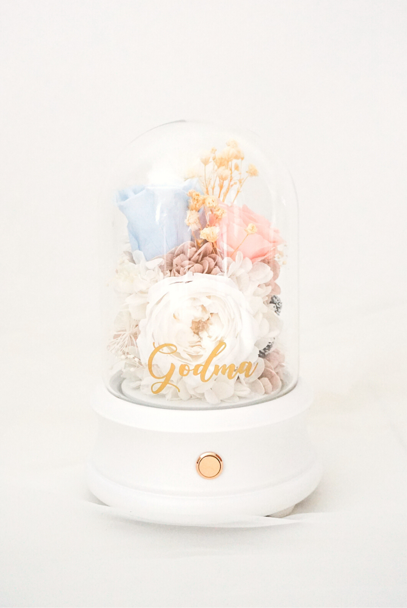 Customised Preserved Floral Bluetooth Speaker and Lamp (Pastel Pink, Blue and White)