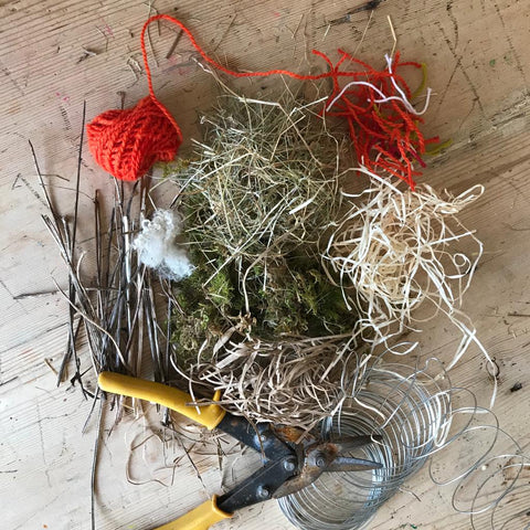 Our collected materials for a DIY hanger for bird nest materials