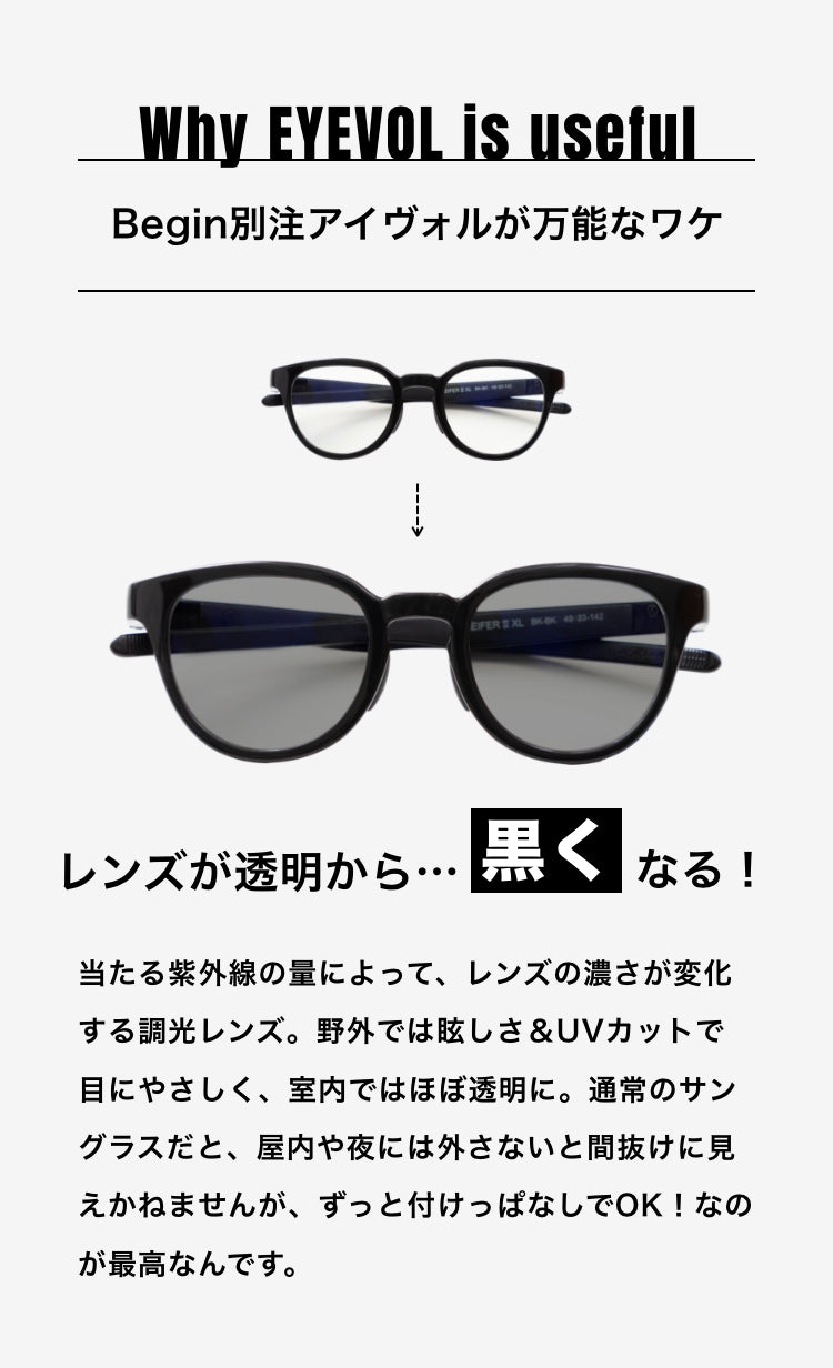 レンズが透明から…黒くなる 当たる紫外線の量によって、レンズの濃さが変化する調光レンズ。野外では眩しさ＆UVカットで目にやさしく、室内ではほぼ透明に。通常のサングラスだと、屋内や夜には外さないと間抜けに見えかねませんが、ずっと付けっぱなしでOK！なのが最高なんです。