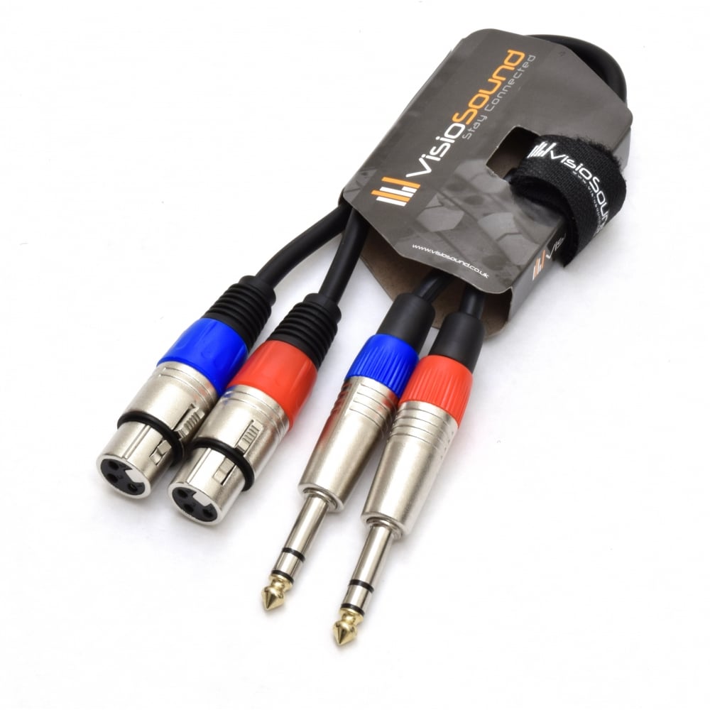 2 x Female XLR to 2 x 6.35mm 1/4' Stereo TRS Jack Balanced Twin Lead / Patch Cable - 3 Colours