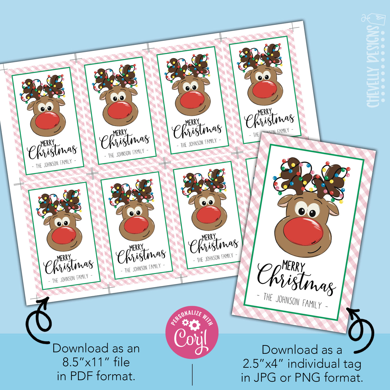 EDITABLE - Christmas Reindeer Gift Tags - Rudolph - Printable Digital ...