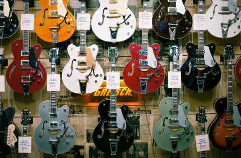 electric guitar wall in a music shop