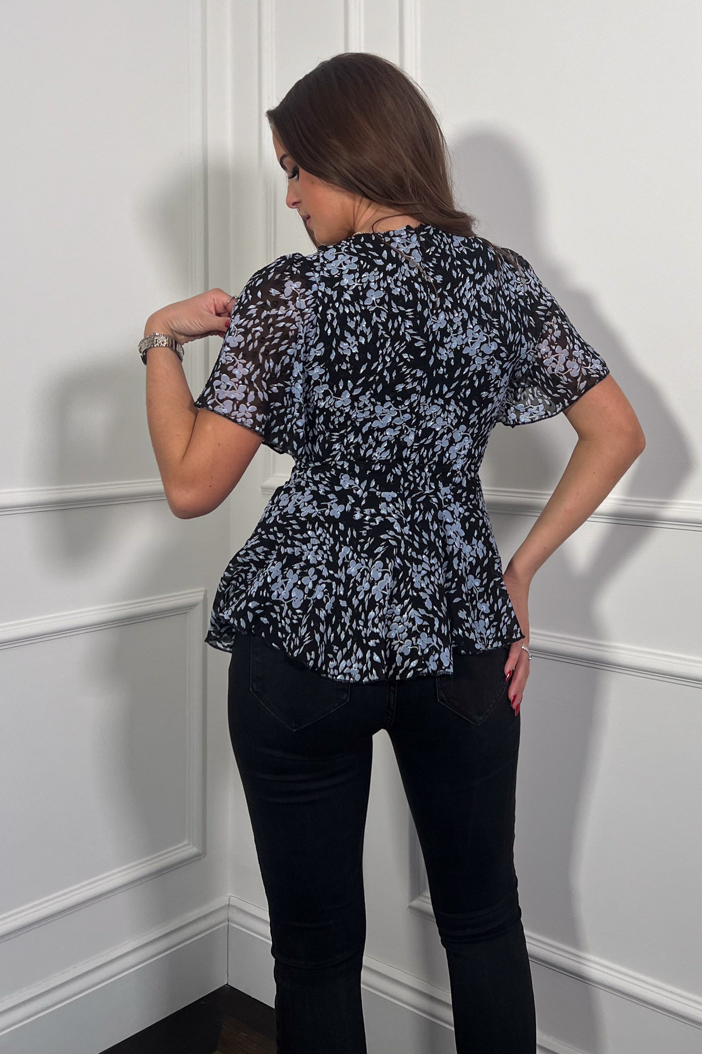 Imogen Black Floral Angel Sleeve Peplum Top