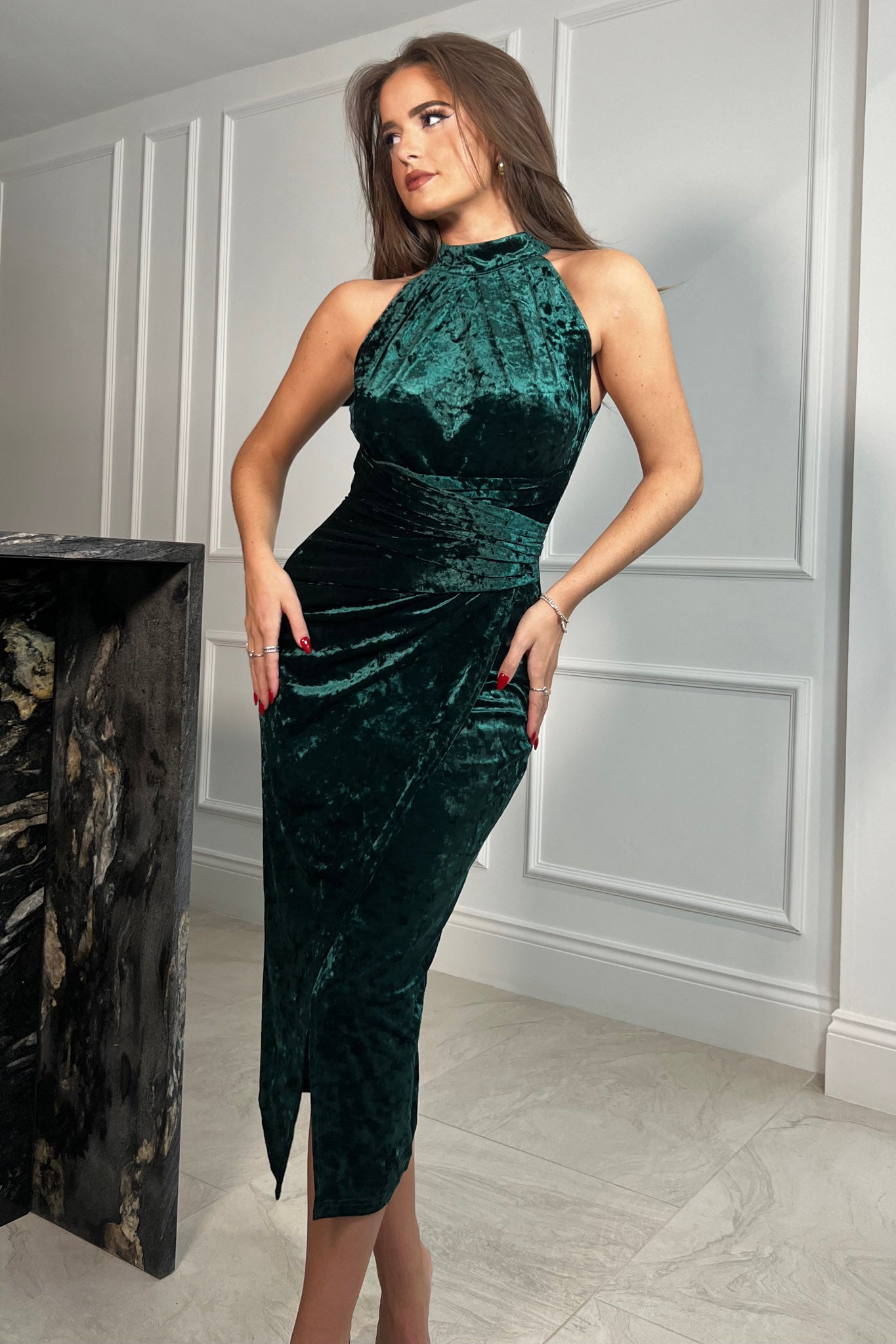 Alessia Velvet Halter Neck Midi Dress Green