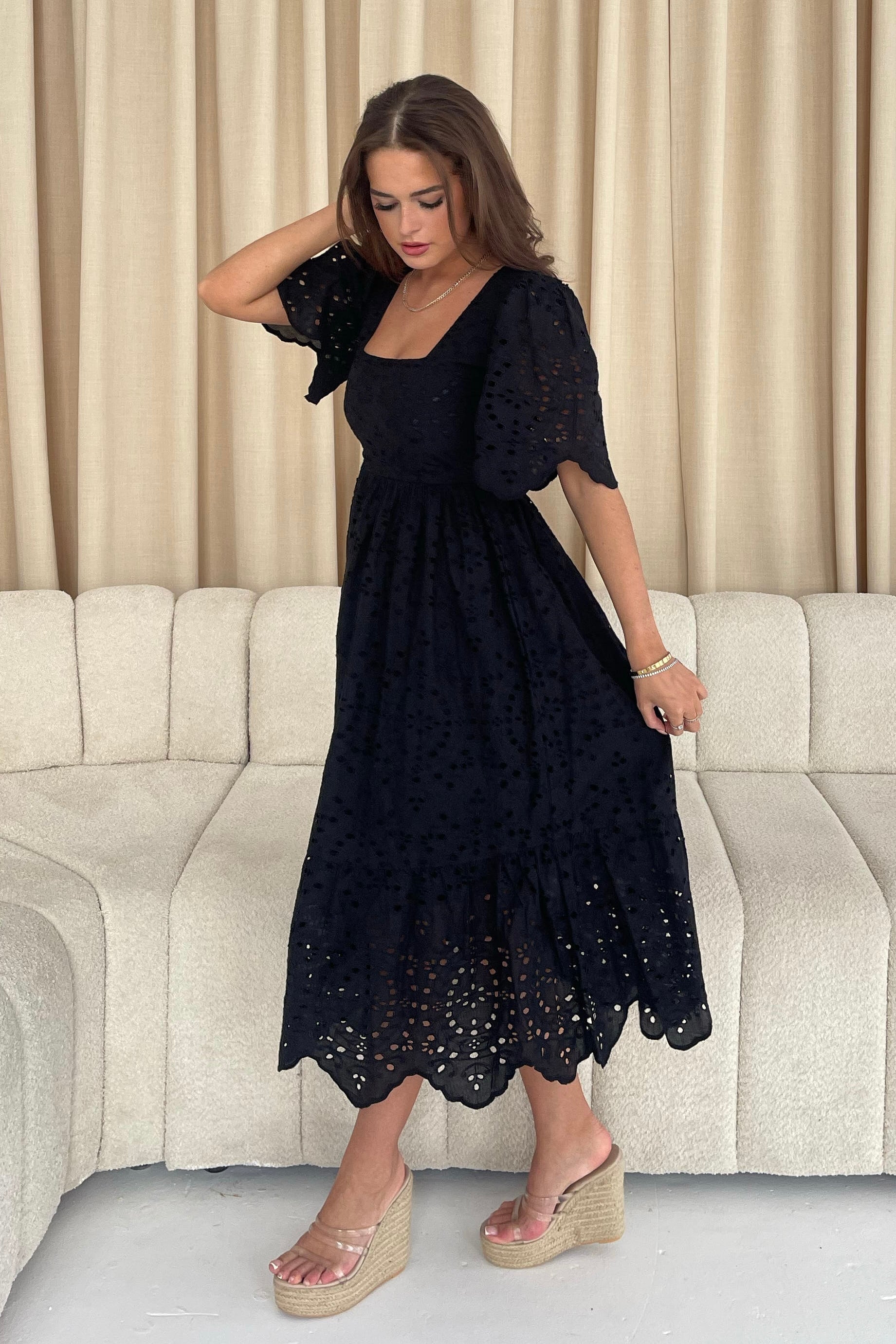 Aspen Broidery Tiered Midaxi Dress Black