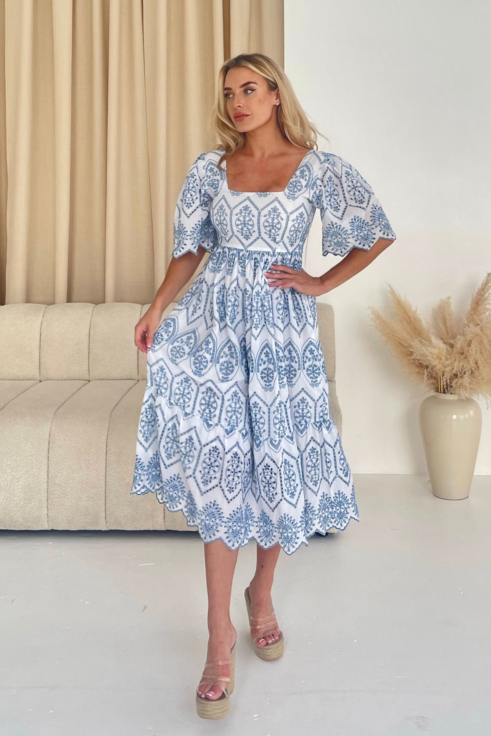 Aspen Two Tone Broidery Tiered Midaxi Dress Blue