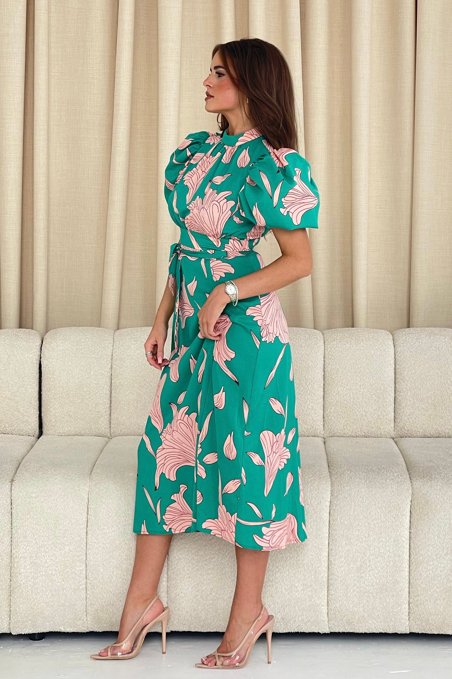 Lilith Puff Sleeve High Neck Midi Dress Green Print