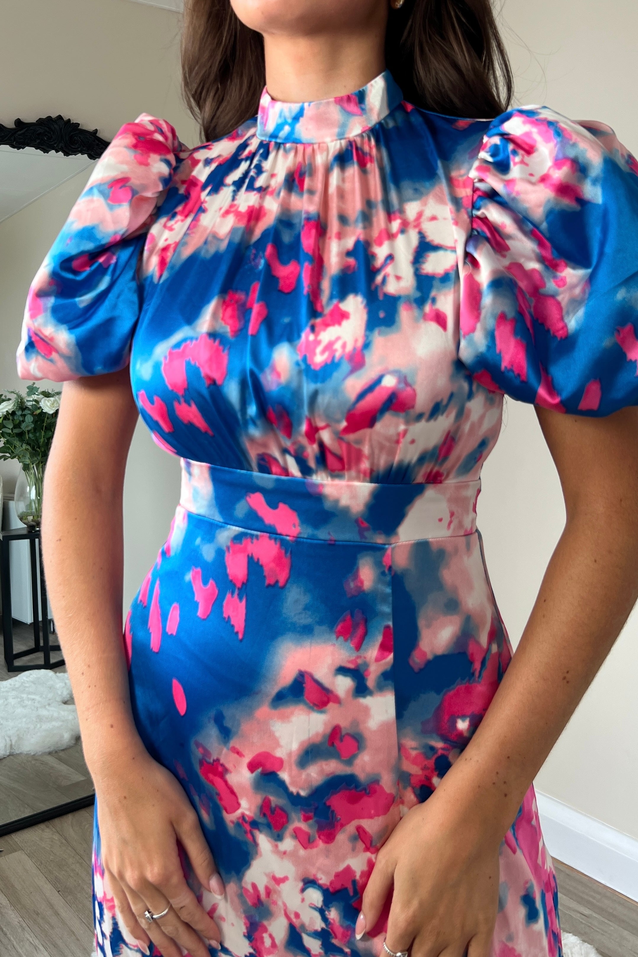 Lilith Puff Sleeve High Neck Midi Dress Blue Pink Print