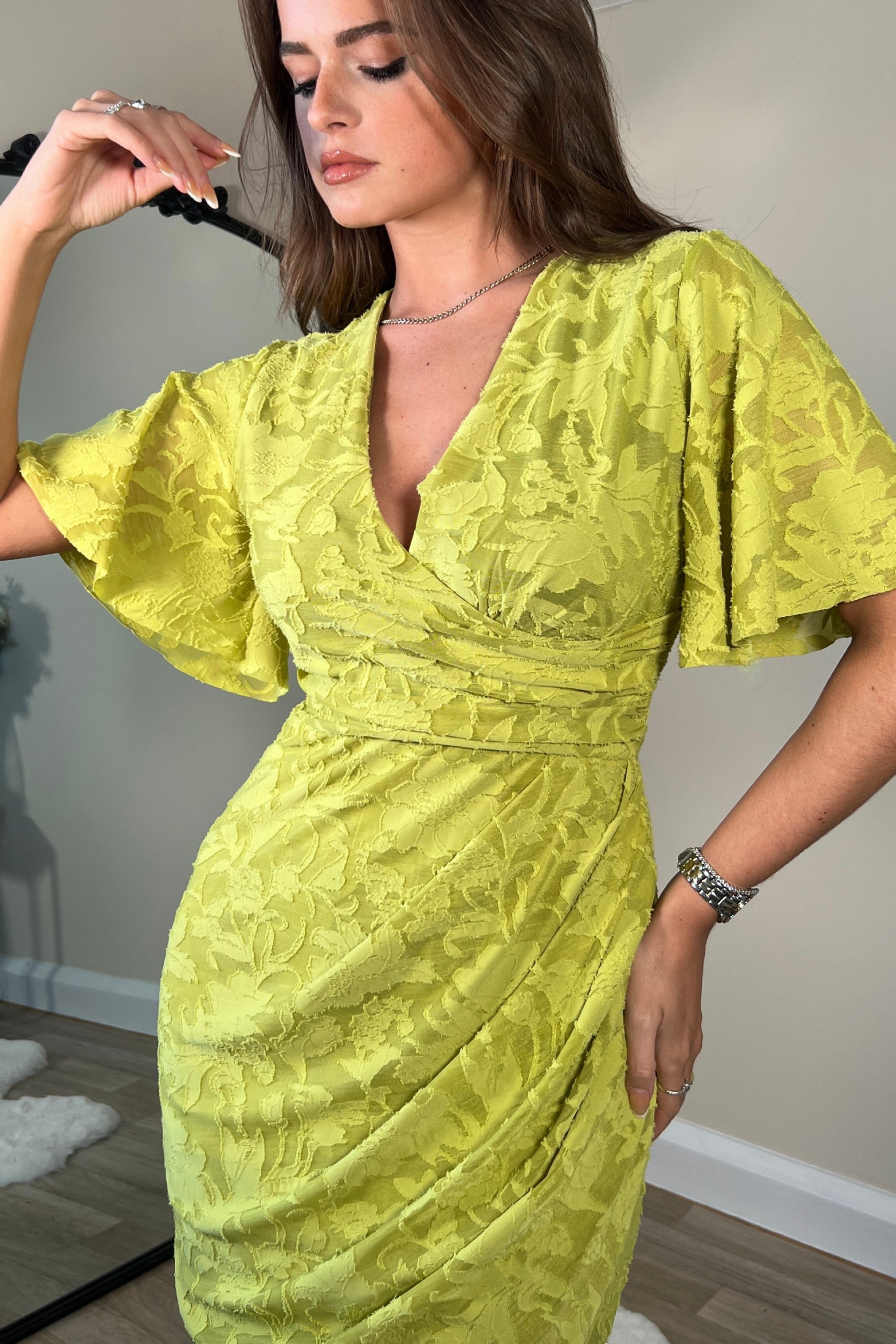 Natasha Angel Sleeve Wrap Midi Dress Lime