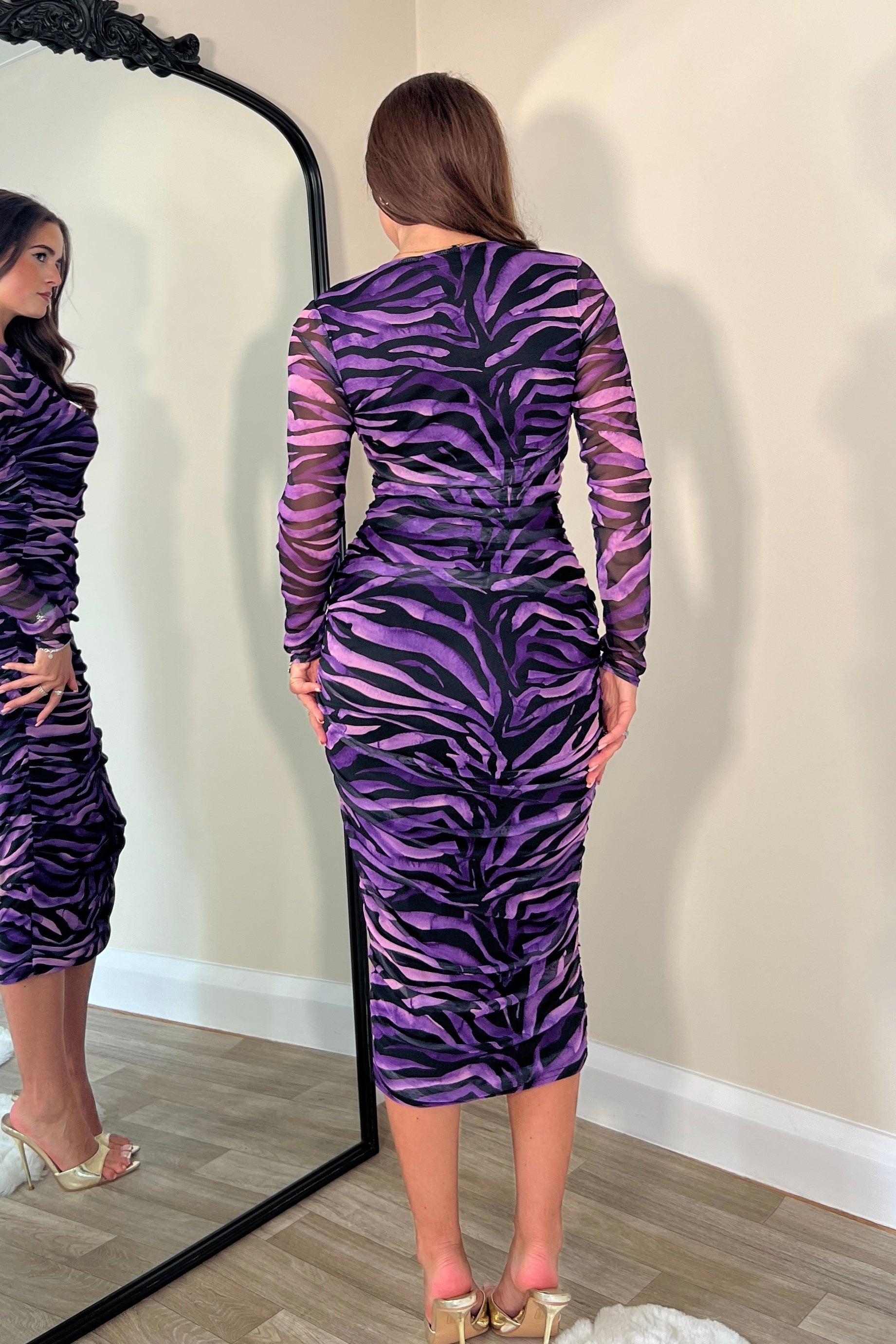 Lilah Long Sleeves Midi Mesh Dress Purple