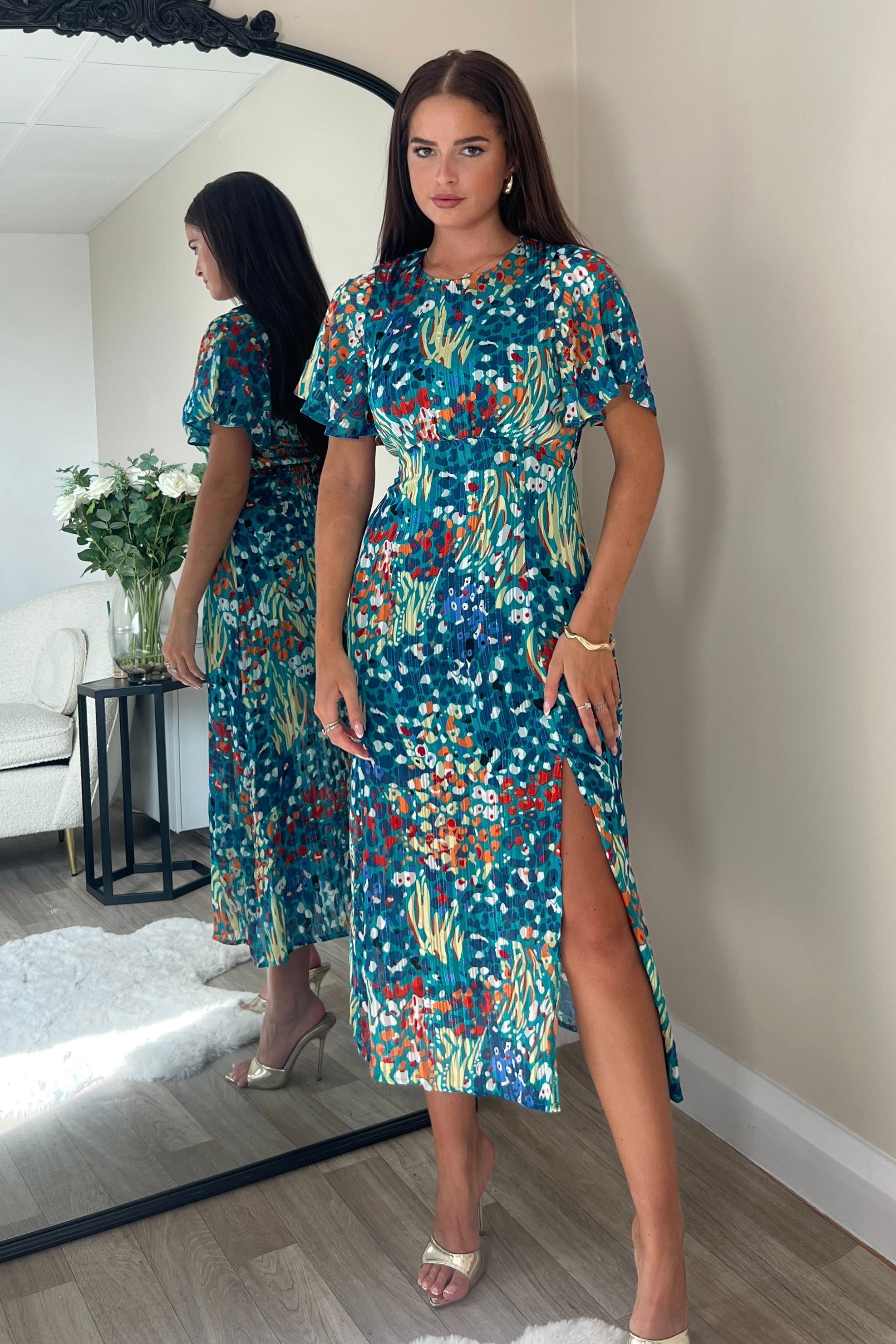 Britney Teal Print Angel Sleeve Midi Dress