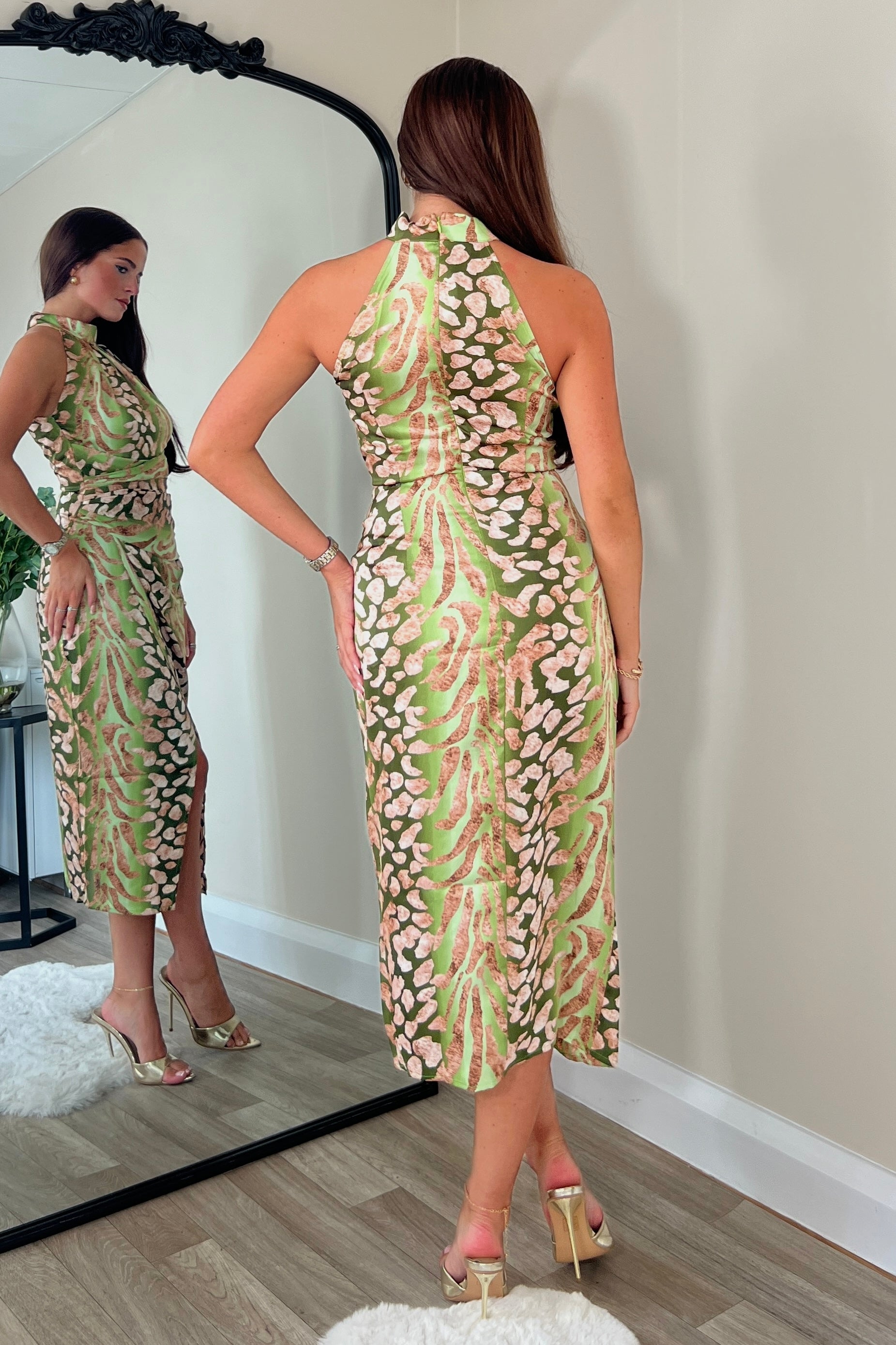 Alessia Halter Neck Midi Dress Green Print