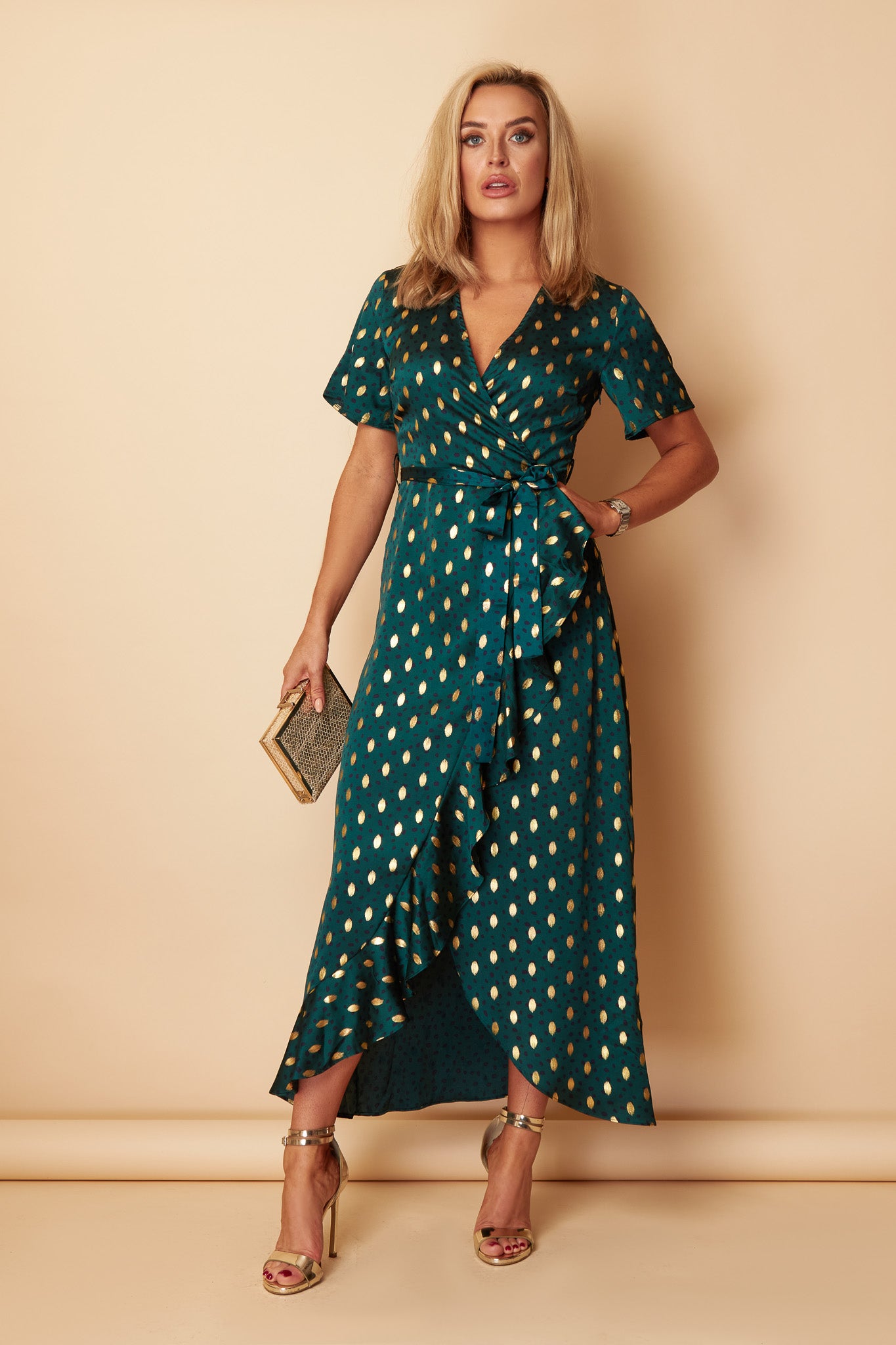 Farren Split Hem Frill Detail Maxi Dress Emerald Foil