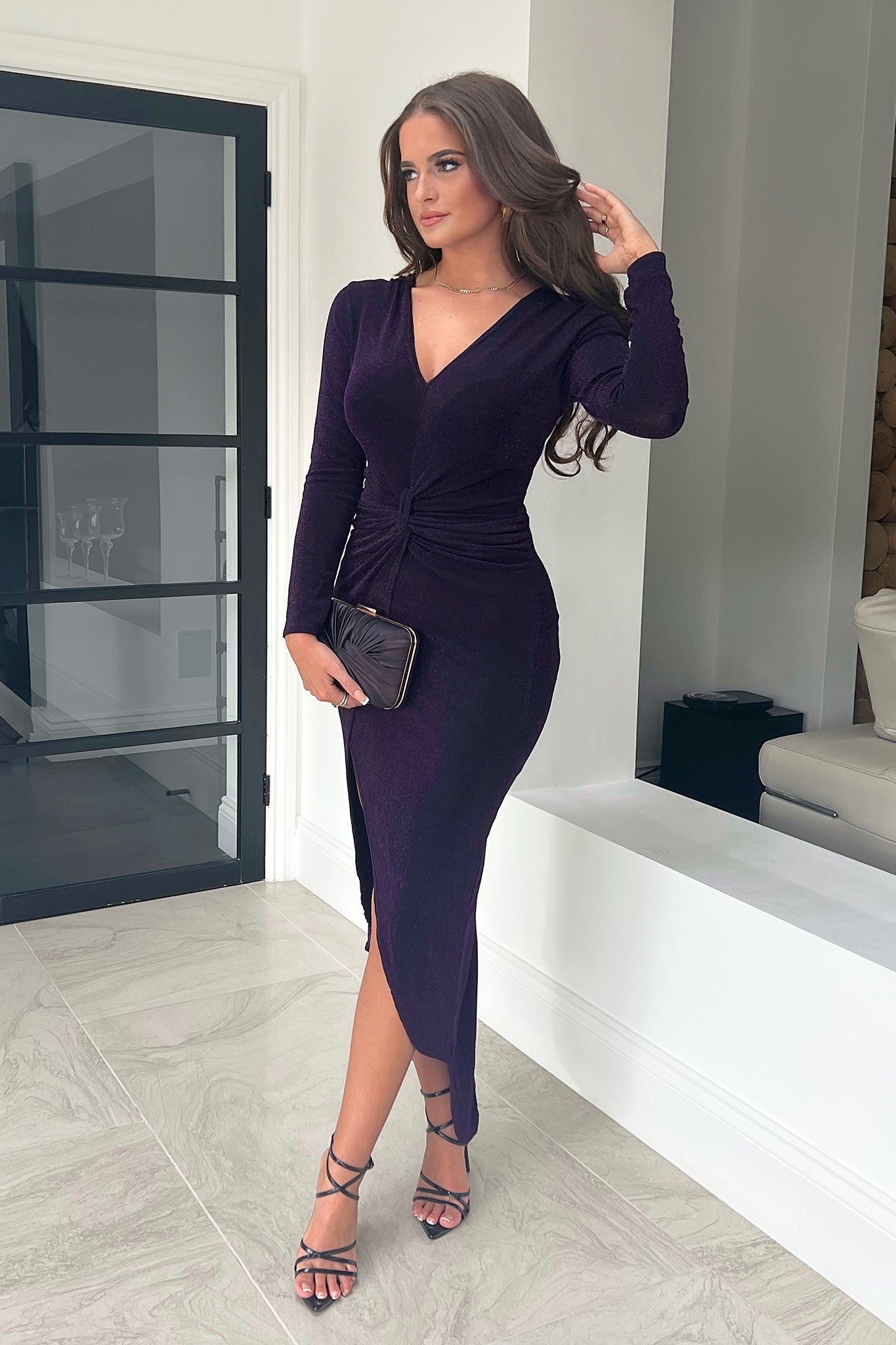 Nina Plum Long Sleeve Plunge Maxi Dress