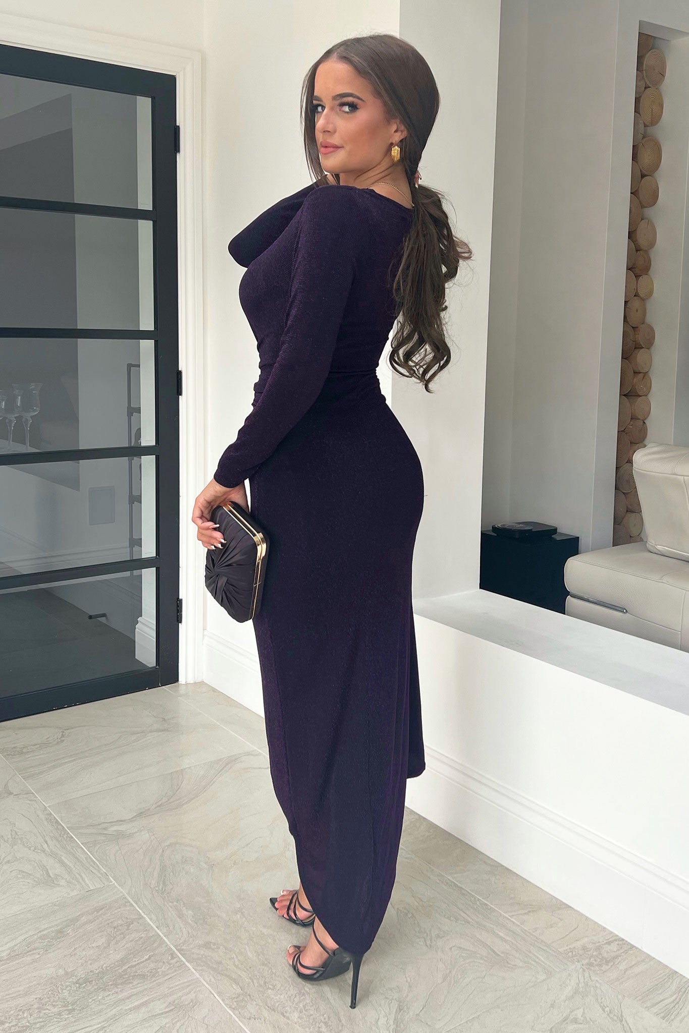 Nina Plum Long Sleeve Plunge Maxi Dress