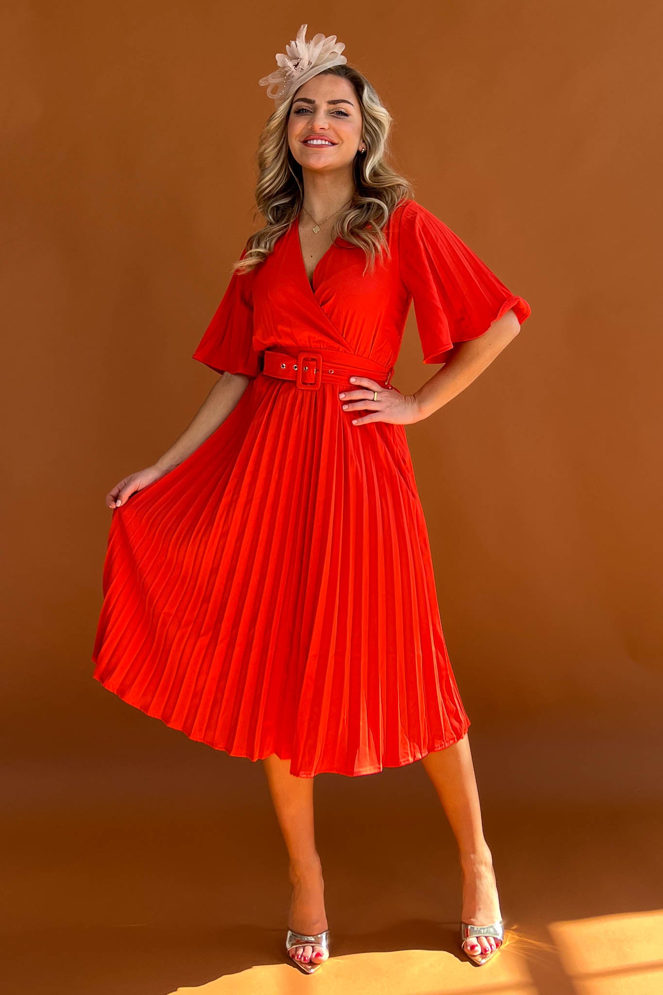 Felicia Orange Pleated Detail Midi Dress