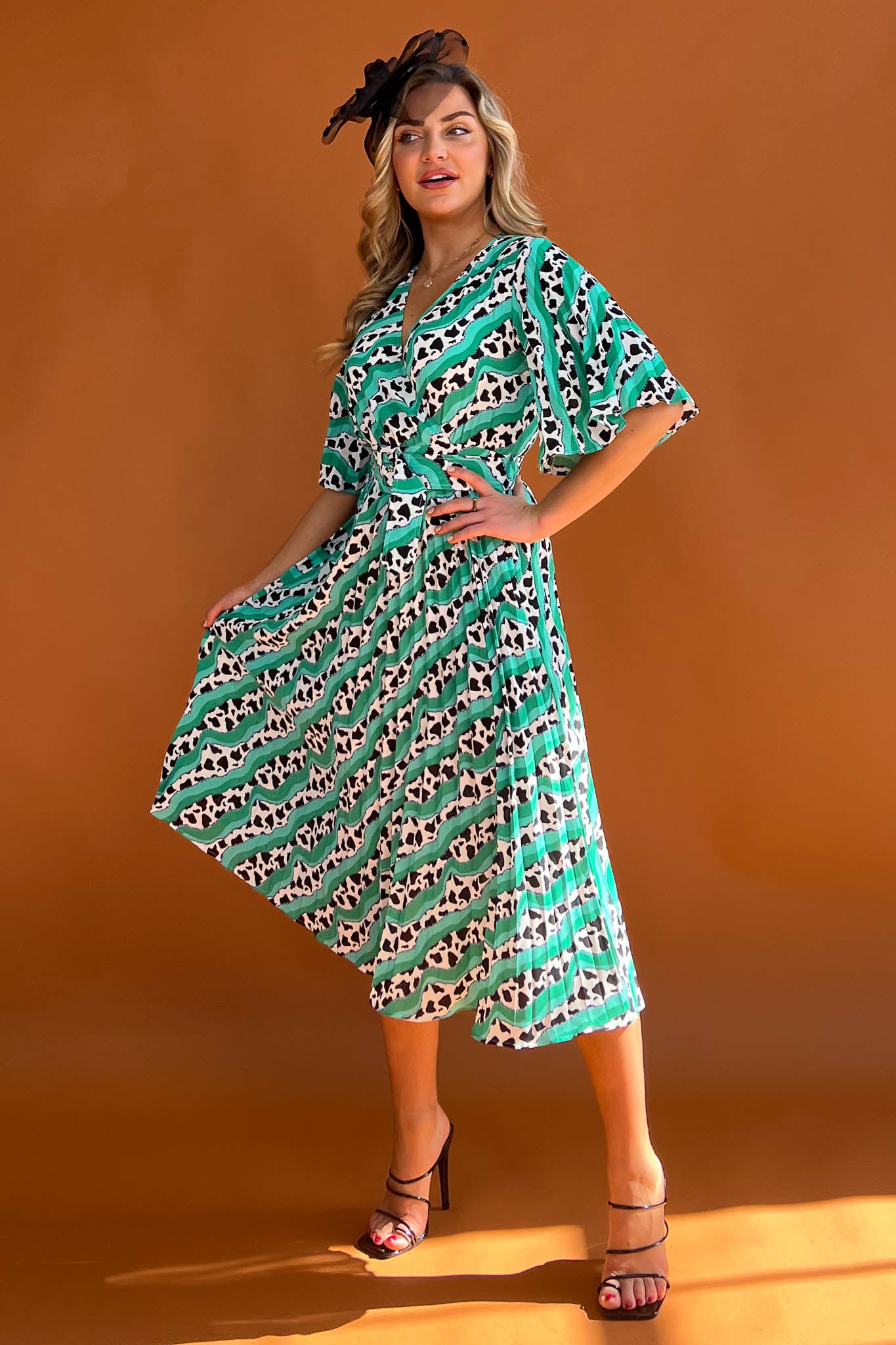 Felicia Cow Print With Green Highlights Pleated Midi Dress