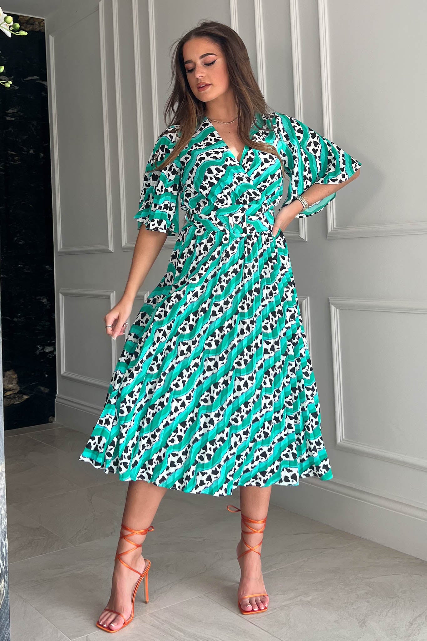 Felicia Cow Print With Green Highlights Pleated Midi Dress