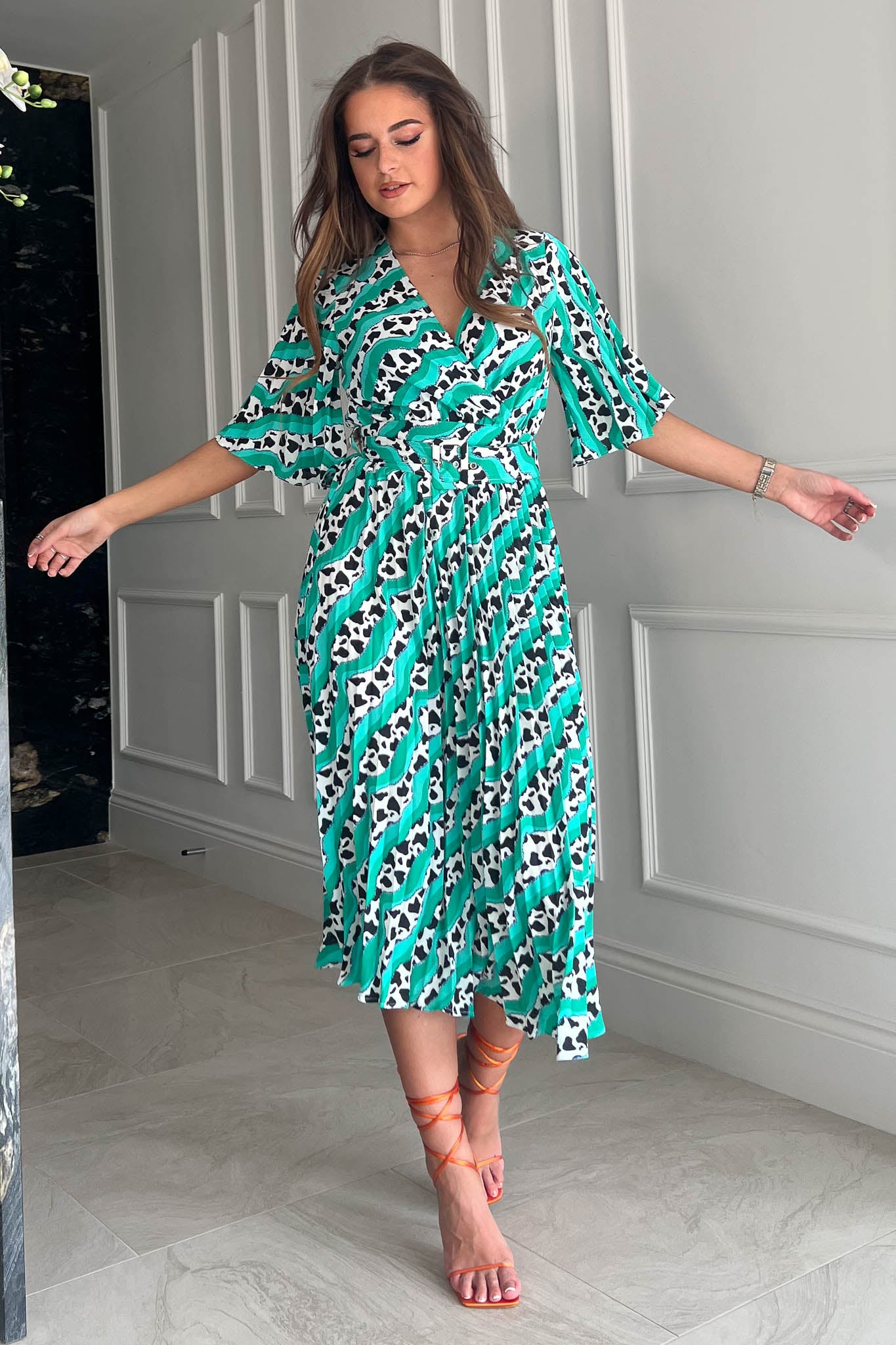 Felicia Cow Print With Green Highlights Pleated Midi Dress