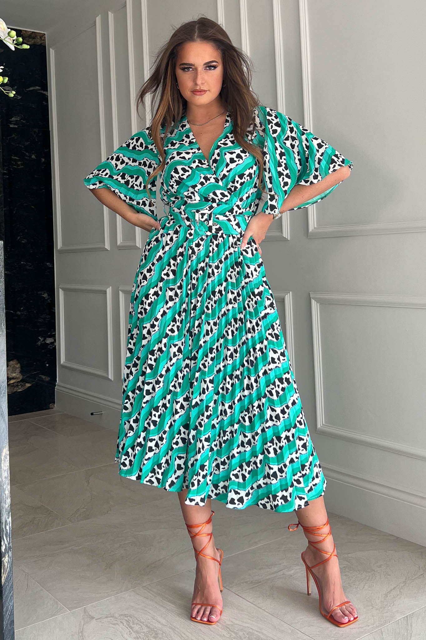 Felicia Cow Print With Green Highlights Pleated Midi Dress