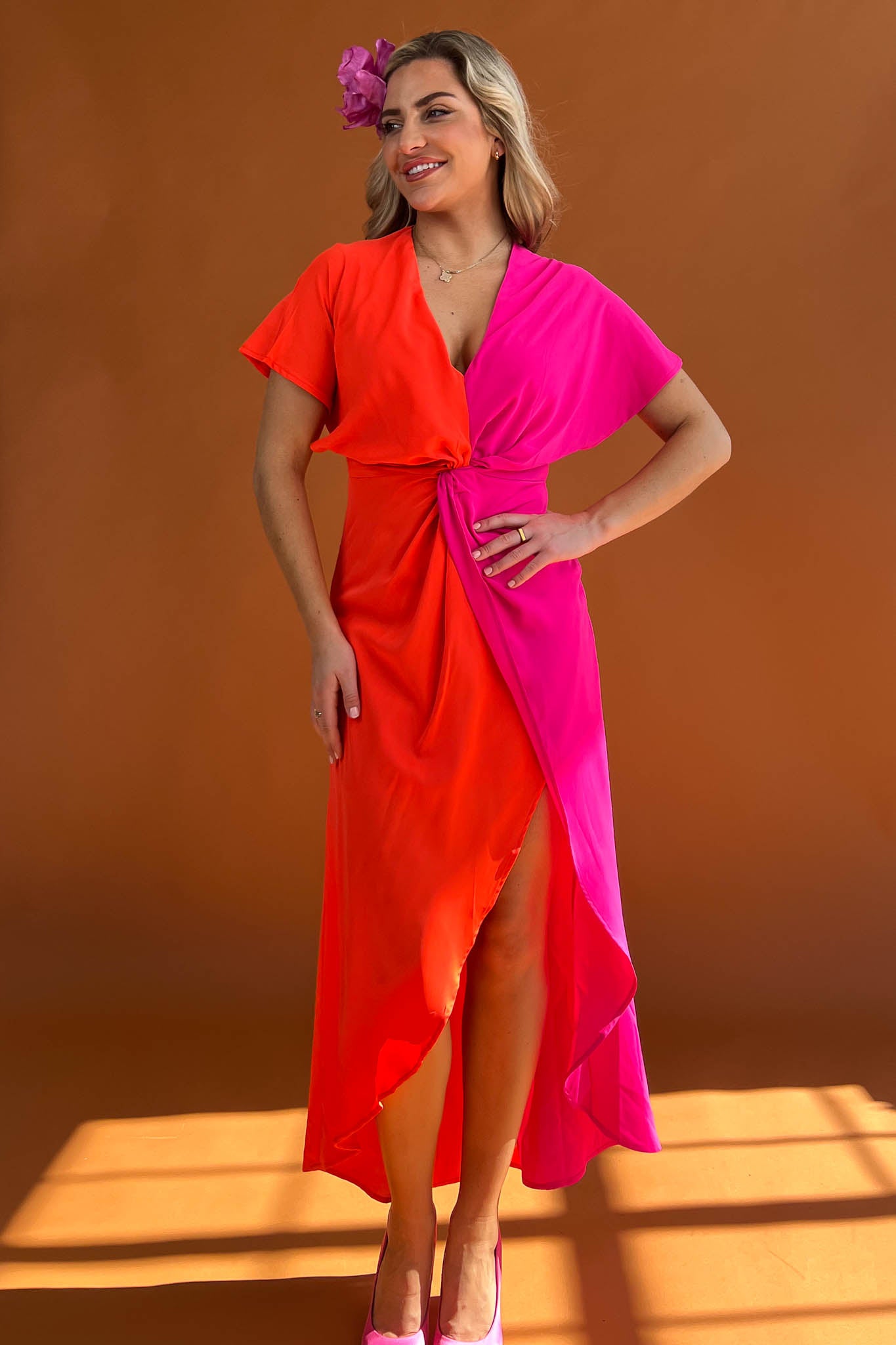 Blair Orange & Pink Knot Detail Wrap Maxi Dress