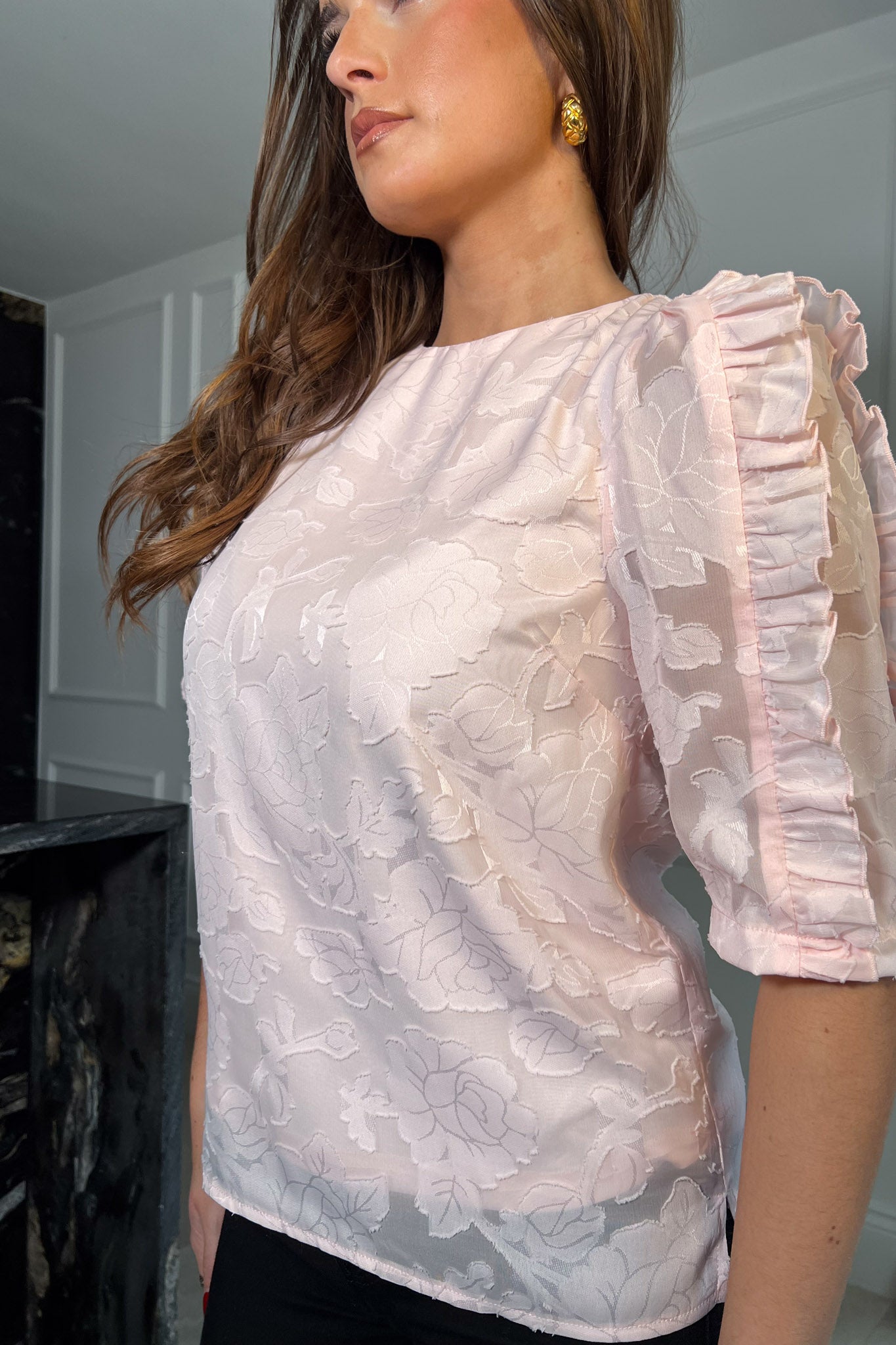 Asher Baby Pink Burnout Frill Sleeve Top