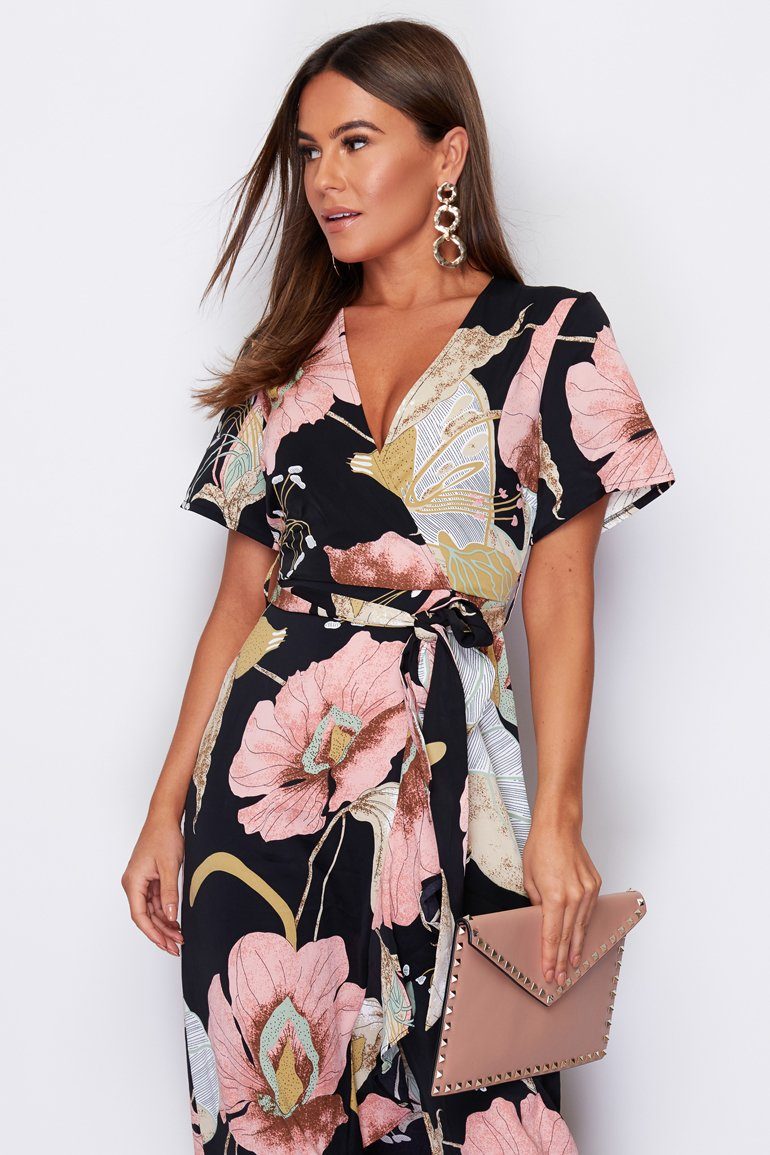 Farren Split Hem Frill Detail Wrap Maxi Dress Blush Flower Print