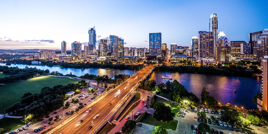 view of austin skyline and the reservoir