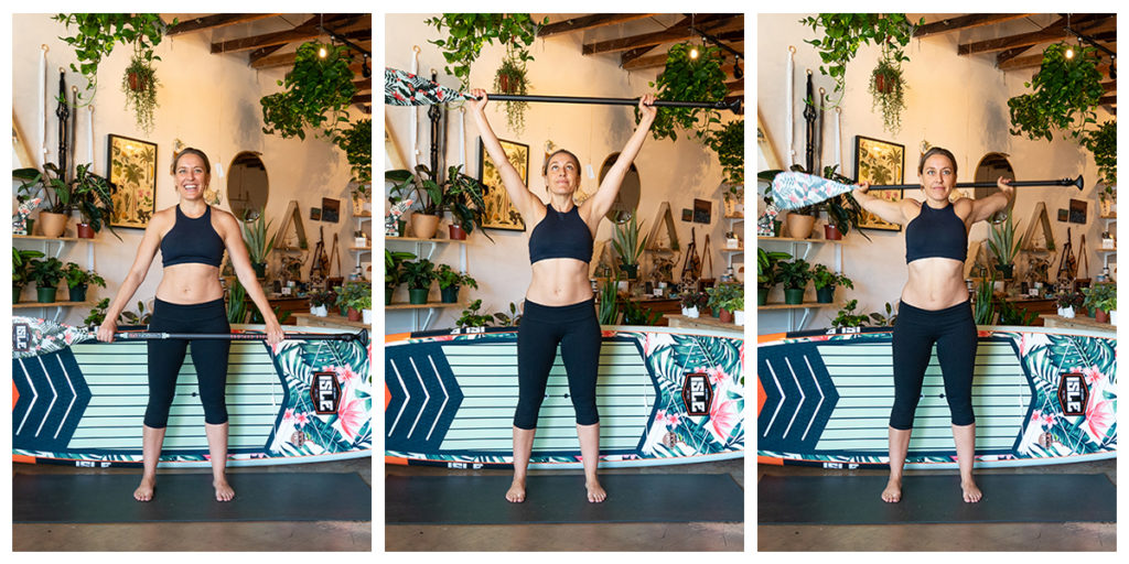 woman performing sequence of pre-paddle board warm-up stretches