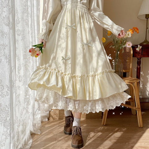 Женская бархатная длинная юбка в стиле Лолита с завышенной талией и кружевным краем и бантом