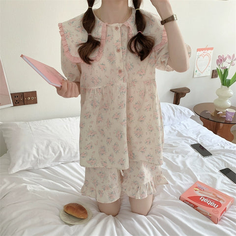 Women's Kawaii Doll Collar Floral Ruffled Pajamas